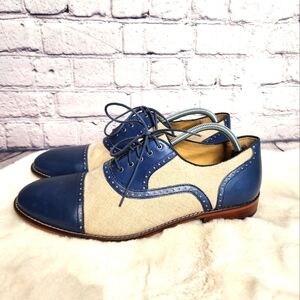 JOHNSTON & MURPHY Beige Blue Leather Canvas Captoe Oxfords Dress Mens 10.5